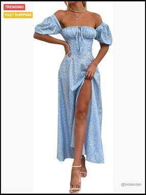 Polyester Elastane Puff Sleeve Floral Maxi Dress Backless High Slit